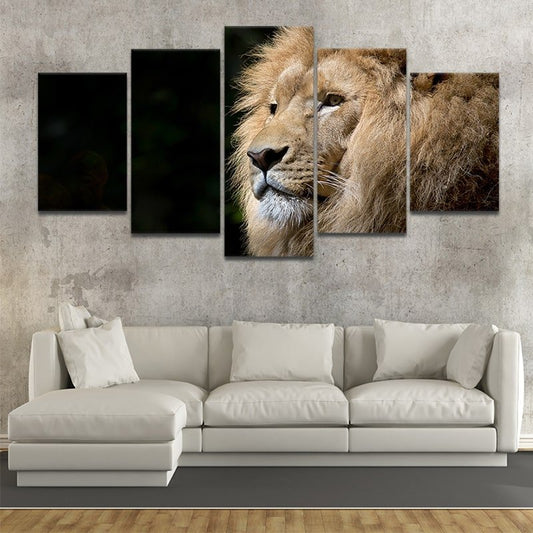 Lion portrait close-up — large canvas wall art, warm natural tones creating a bold and inspiring centerpiece for bedroom interiors.