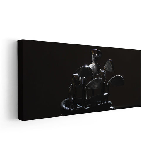 “Chrome golf gear large canvas wall art in dark minimalist tones, creating an uplifting sports statement perfect for office or studio walls.”