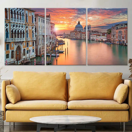 Grand Canal Venice sunset — large canvas wall art for living room, glowing pastel tones evoke a peaceful and romantic atmosphere.