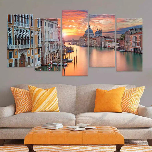 Venice canal at dusk — modern canvas wall art with warm reflections, perfect for adding charm and serenity to bedroom décor.