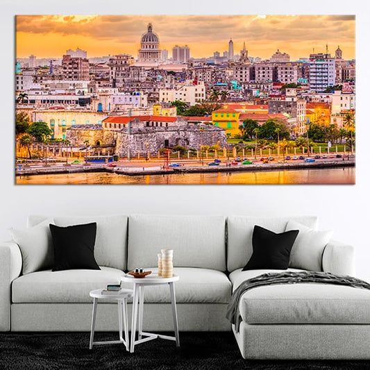 Havana Cuba skyline — modern canvas wall art for living room with warm sunset tones and inspiring Caribbean cityscape design.