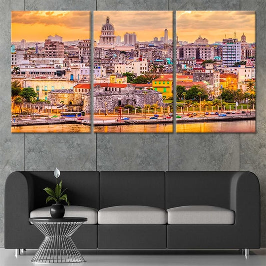 Old Havana skyline — large canvas wall art for bedroom featuring classic architecture and uplifting golden coastal sunset hues.