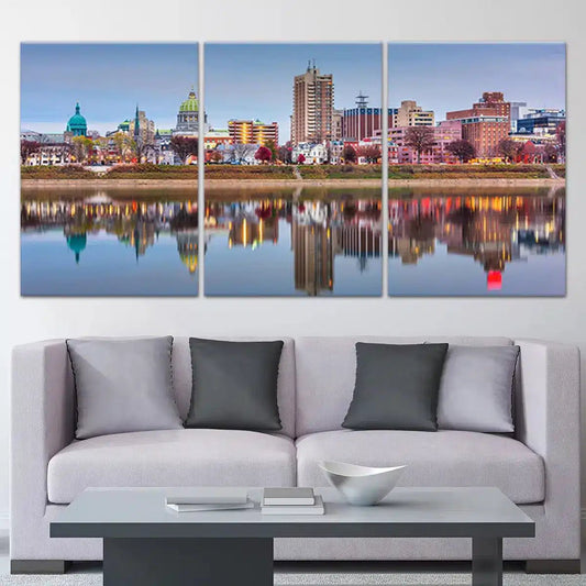 Harrisburg skyline at sunset — large canvas wall art for living room, warm reflections create a peaceful and inspiring mood.