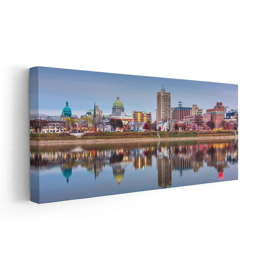 Pennsylvania skyline — modern canvas wall art with soft pink and blue tones, perfect for uplifting bedroom or office décor.