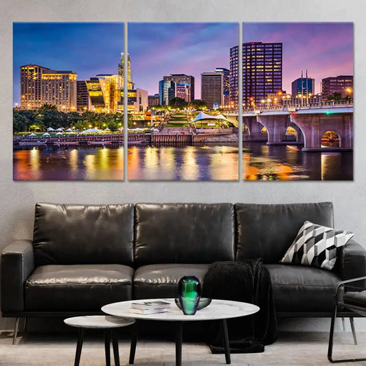 Hartford skyline at dusk — large canvas wall art for living room, warm purple and gold tones bring modern elegance and charm.