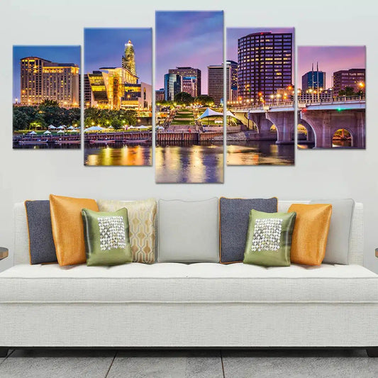Connecticut city skyline — modern canvas wall art with vibrant night reflections, ideal for adding uplifting energy to home décor.