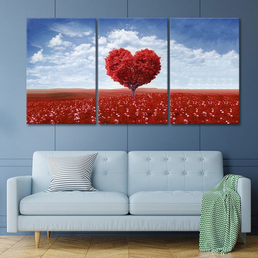 Romantic red heart tree landscape — contemporary canvas wall art in vivid scarlet and blue tones for a calming bedroom atmosphere