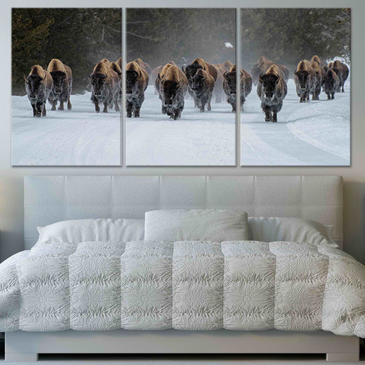 Herd of bison in winter — large canvas wall art, snow-covered scene capturing strength and serenity for rustic living room décor.