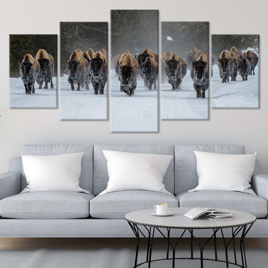 Running bison herd — modern canvas wall art, neutral winter palette adding power and motion to contemporary bedroom spaces.