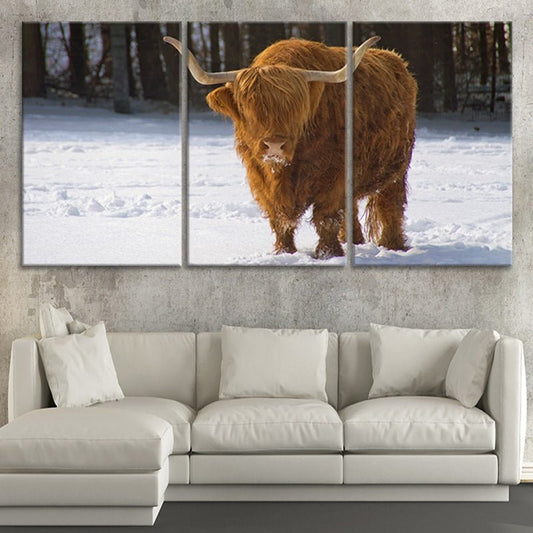 Brown Highland cow — rustic large canvas wall art for bedroom, warm farmhouse tones adding a cozy and peaceful feel to any space.
