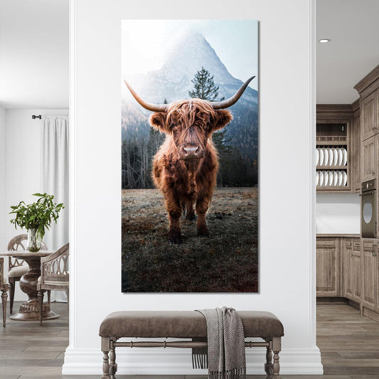 Highland cattle standing in morning mist — rustic canvas wall art for hallway or living room, bringing warmth and charm.