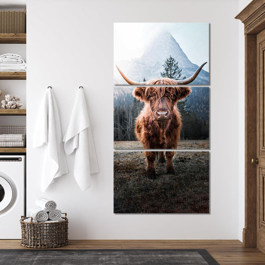 Brown highland cow with long horns — large canvas wall art with earthy tones, perfect for farmhouse style interiors.