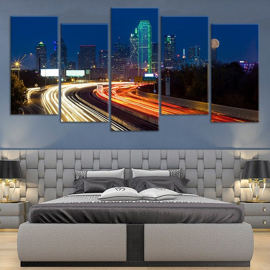 Downtown Dallas skyline under moonlight — contemporary canvas wall art with deep blue tones for bedroom wall accent