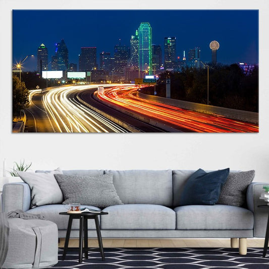 Dallas skyline at night with highway lights — large canvas wall art for living room decor, modern and inspiring design