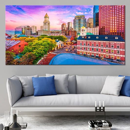 Historic Boston skyline at sunset — large canvas wall art for living room decor, modern tones creating uplifting energy