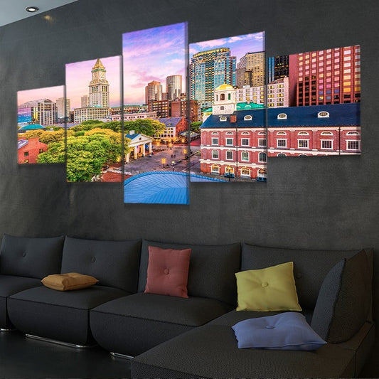 Vibrant Boston cityscape reflection — contemporary canvas wall art with red and pink hues for bedroom or office space