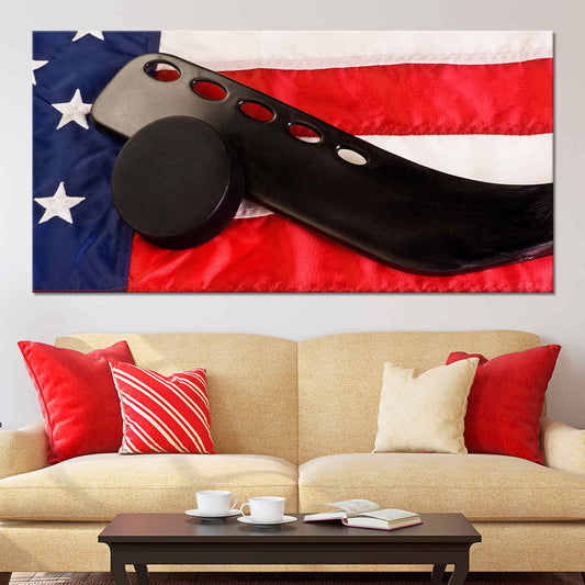 Patriotic hockey stick canvas wall art for living room, blending bold American flag colors with uplifting sports energy for modern home décor