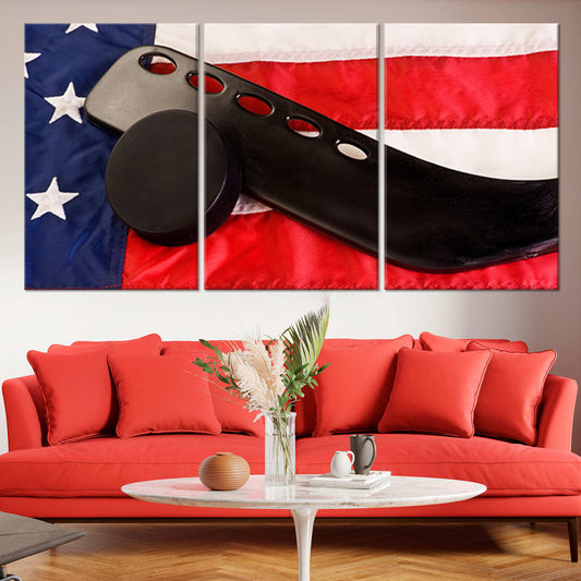 USA hockey theme — large canvas wall art with vibrant red and blue palette, adding inspiring patriotic spirit to a stylish bedroom display