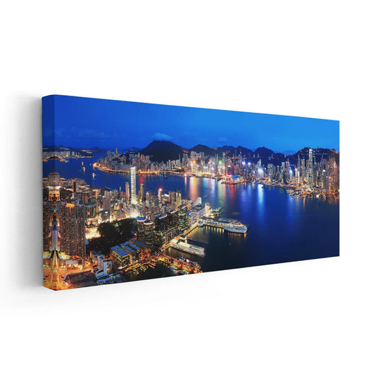 Victoria Harbour cityscape — modern canvas wall art with blue and gold palette, perfect for bedroom or stylish urban interiors.