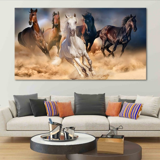 Galloping horses across desert — large canvas wall art, warm earthy tones symbolizing freedom and power for living room décor.