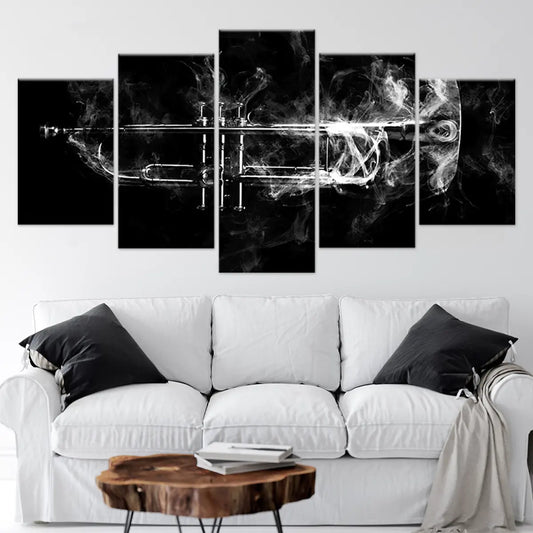 Silver trumpet silhouette canvas wall art for living room adds inspiring musical energy with bold monochrome contrast ideal for modern décor