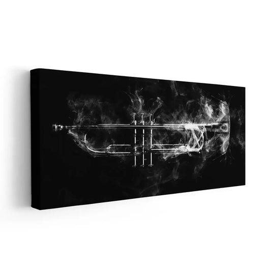 Abstract trumpet lines in minimalist palette — large canvas wall art for office brings calming creative focus with sleek black and white tones