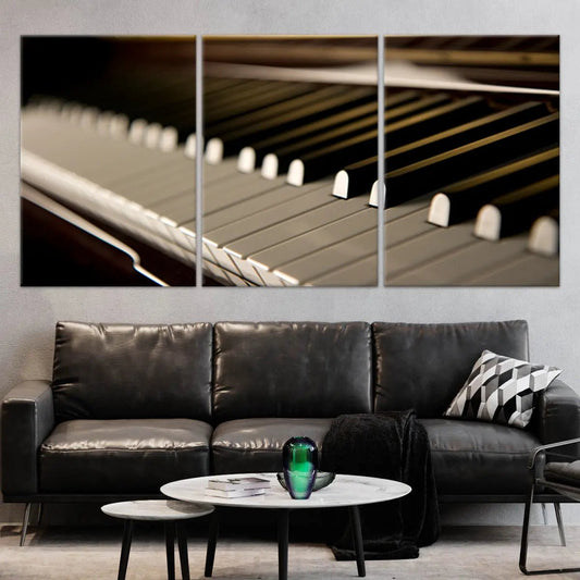 Modern jazz piano keyboard detail — large canvas wall art, dark wood and soft highlights for calming bedroom wall art