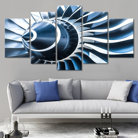 Metallic turbine fan design — large canvas wall art with silver and blue tones, ideal for office or aviation décor.