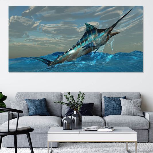 Blue marlin swimming through waves — coastal canvas print, vivid ocean blues and silver hues perfect for modern living room décor.
