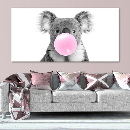 Cute koala bear with pink gum — large canvas wall art in minimalist style, perfect for modern living room or whimsical bedroom décor.