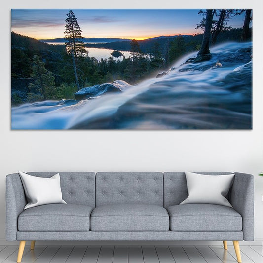 Mountain waterfall at dawn in minimalist tones modern canvas wall art perfect for peaceful office décor or thoughtful housewarming gifting