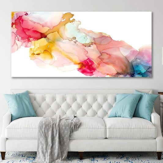 Vibrant alcohol ink swirls — radiant canvas wall art for living room décor, blending pink, yellow, and coral tones elegantly.