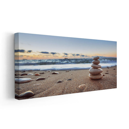 Stacked beach stones — coastal canvas wall art symbolizing balance and peace, calming large wall decor for bedroom or living room