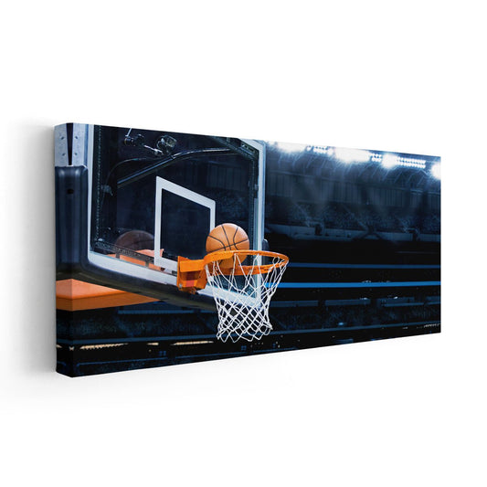 Basketball swishing through hoop — large canvas wall art in vivid arena tones, elevating bedroom décor with uplifting sports intensity
