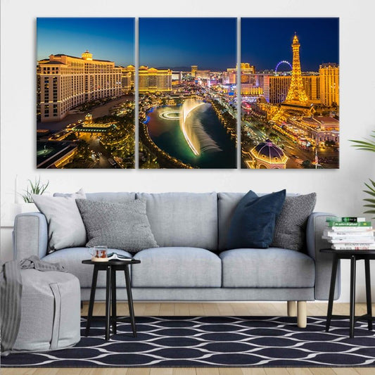 Vegas cityscape panorama — large canvas wall art for bedroom offering uplifting mood with golden tones and elegant modern style.
