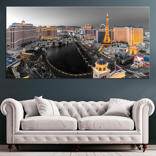 City of Las Vegas in monochrome style — large canvas wall art for bedroom creating a calming and sophisticated look.