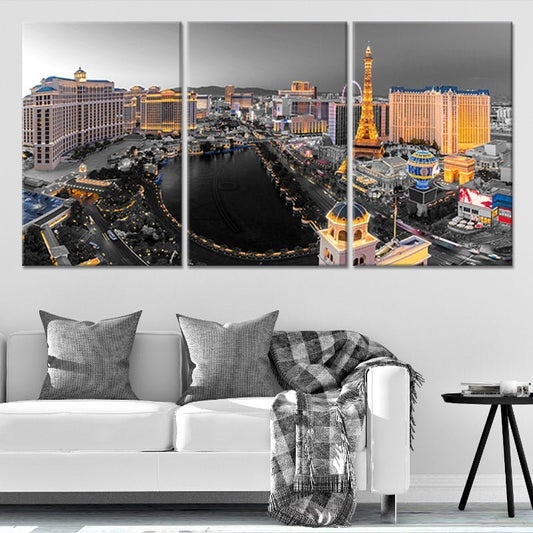 Las Vegas skyline night view canvas wall art for living room — modern black and white decor with a luxury urban vibe.