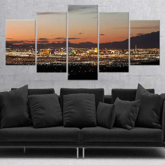 Las Vegas night view — large canvas wall art for bedroom showcasing calming tones and captivating city reflections in modern style.