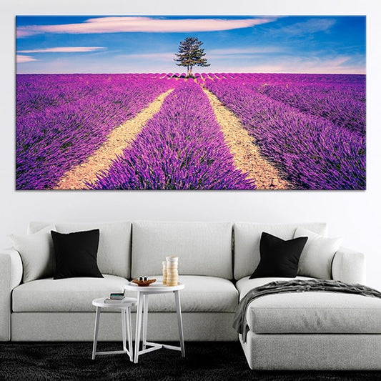 Purple floral landscape with bright summer sky — large canvas wall art ideal for creating an uplifting focal point in any stylish room
