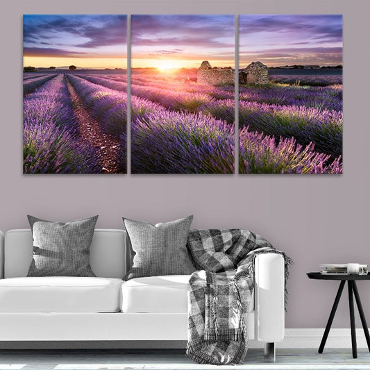 Rural lavender landscape — Large canvas art in soft purple and peach tones adding uplifting dining room décor and a thoughtful housewarming gift