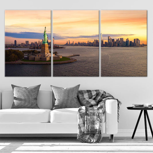 Statue of Liberty skyline — large canvas wall art featuring sunset over New York City, inspiring and elegant addition to living room decor.