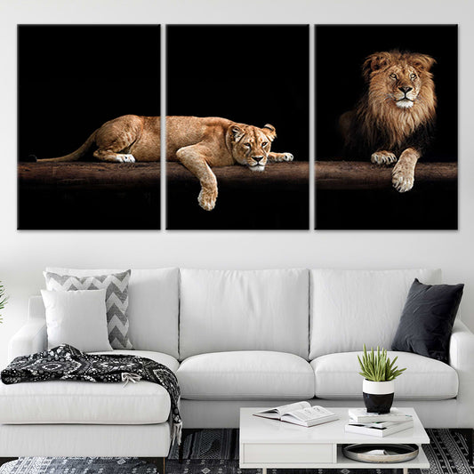 Lion and lioness — large canvas wall art for living room, symbolizing love and strength with a bold black modern aesthetic.