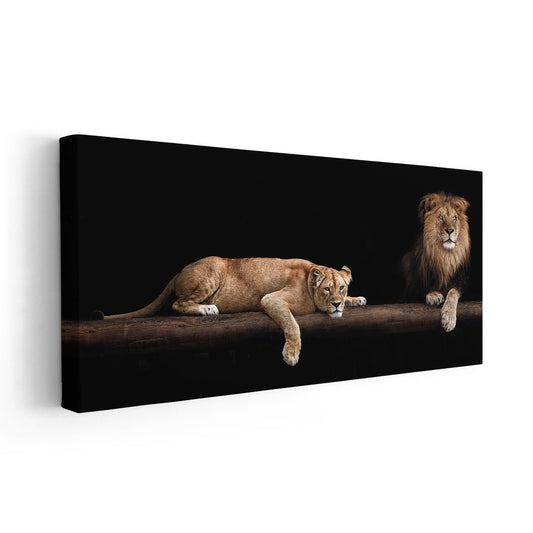 Majestic lions — modern canvas wall art in dark earthy tones, perfect for bedroom decor or anniversary gift inspiration.