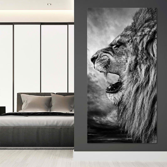 Black and white roaring lion — modern canvas wall art for bedroom, minimalist vertical design creating bold and inspiring décor.