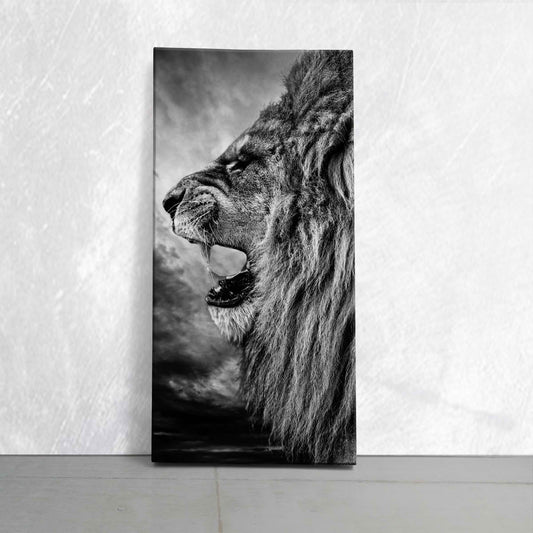 Roaring lion portrait — large canvas wall art, striking monochrome tones adding strength and elegance to contemporary interiors.