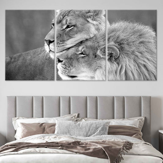 Black and white lion couple canvas wall art for bedroom décor, adding a peaceful and romantic wildlife touch to modern neutral interiors.