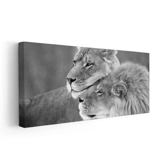 Loving lions in monochrome — large canvas wall art with minimalist tones, perfect for living room décor and uplifting relationship energy.