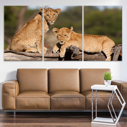 Playful lion cubs relaxing in soft daylight — canvas wall art for living room décor, bringing uplifting warmth and charming wildlife energy.