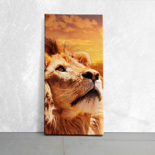 Majestic lion gaze in warm sunrise tones — canvas wall art for a modern living room, adding an inspiring wildlife focal piece to the décor.