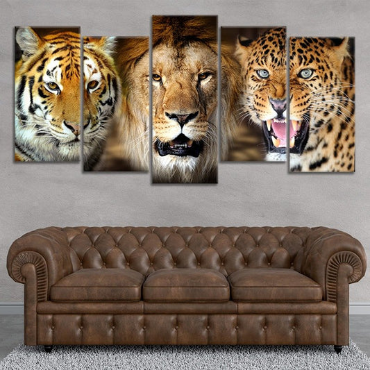 Majestic lion tiger leopard portrait — large canvas wall art with warm tones, ideal for office or masculine home decor.